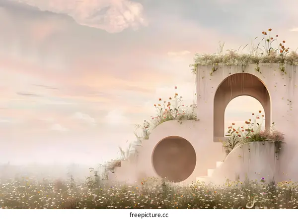 Pastel Pink Archway in a Field of Flowers