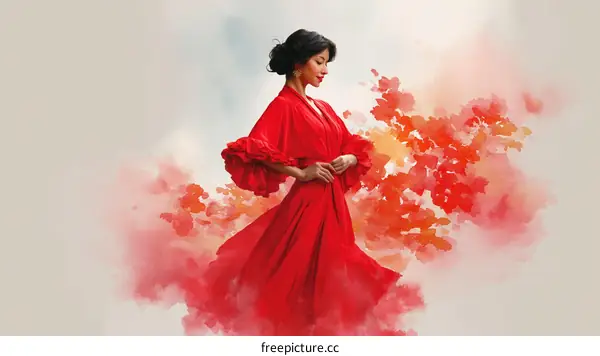 Elegant Woman in a Red Dress with Floral Background