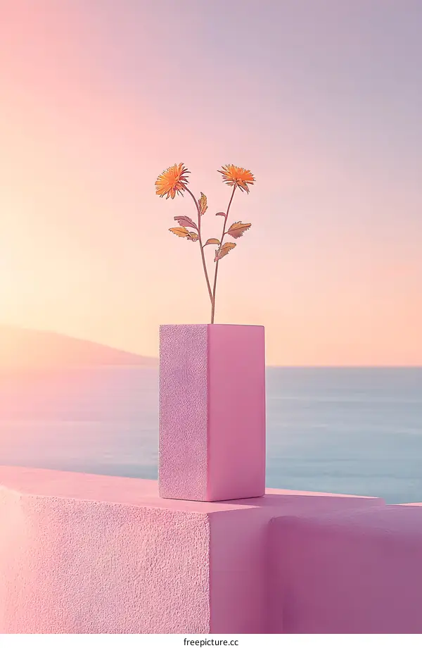 Pink Wall with Yellow Flower in Vase by the Ocean
