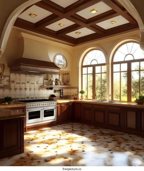 Luxury Kitchen Interior Design With Wooden Cabinets And Tiled Floor