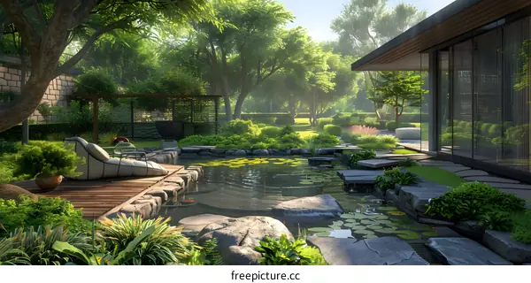 A beautiful garden with a pond, a deck, and a modern house