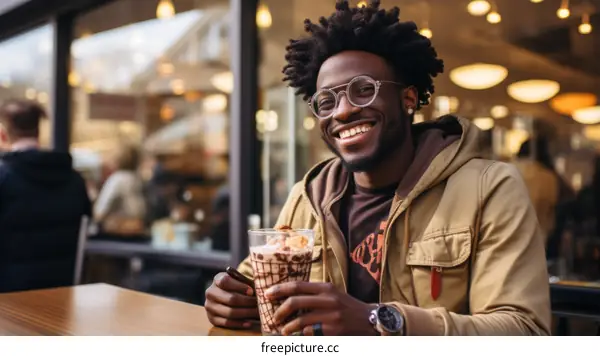 Portrait of a smiling man with an afro holding a milkshake