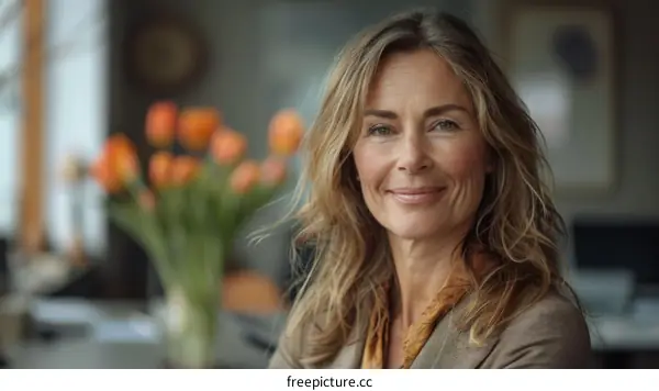 Portrait of a smiling middle-aged woman with long blond hair