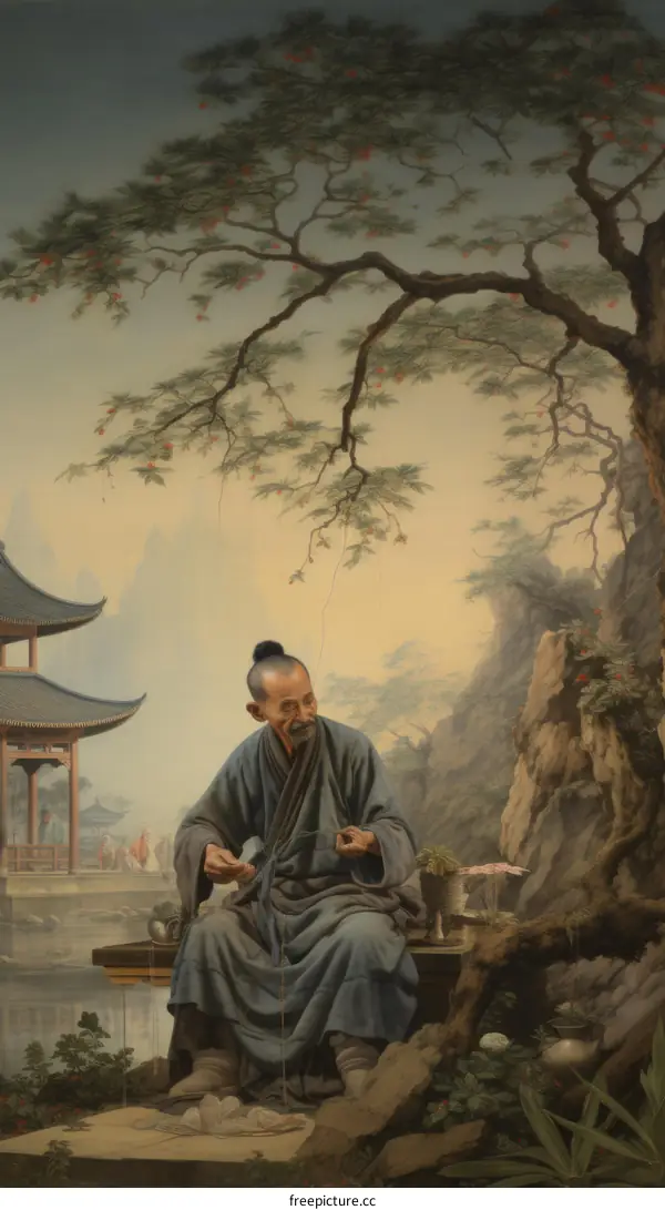 An old man is sitting on a rock under a tree