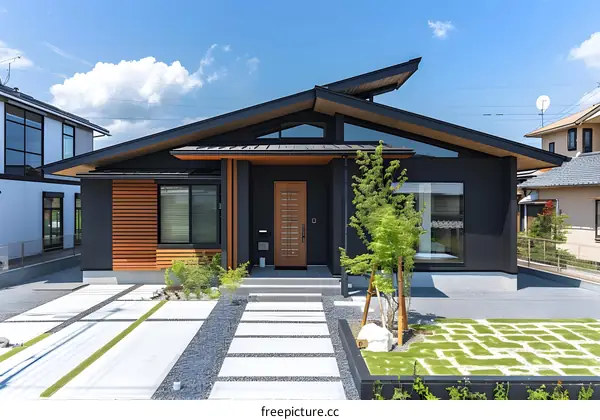 Modern Japanese House with Wooden Details and Stone Garden