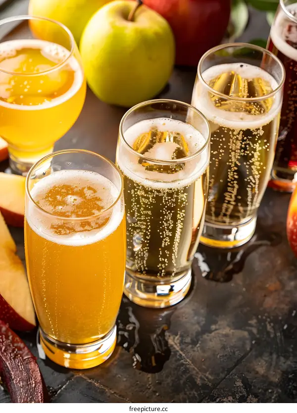 Close Up of Four Glasses of Apple Cider