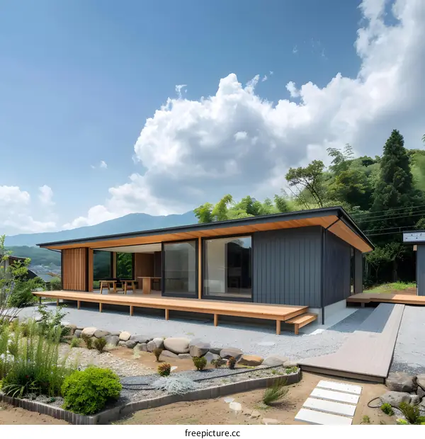 Modern Japanese House with Wooden Deck and Gravel Garden