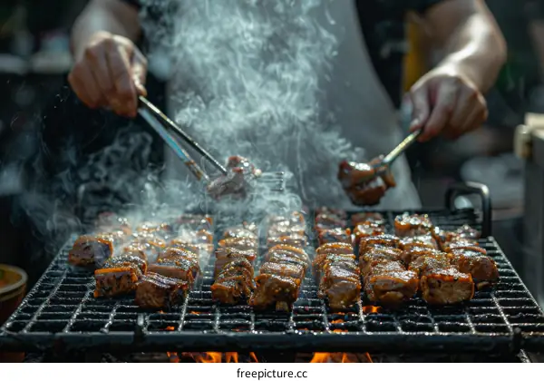 A chef grilling meat skewers over a charcoal grill.