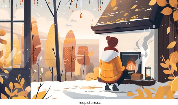 Cozy Winter Cabin with Woman by Fireplace
