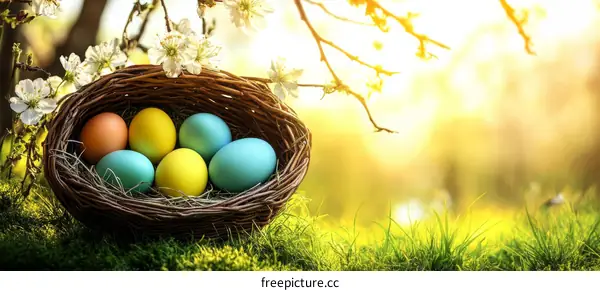 Easter Eggs in a Nest Spring Background