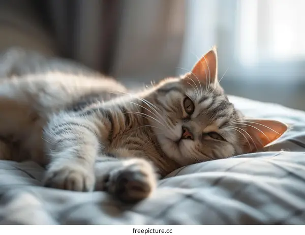 A tabby cat is snoozing on a bed