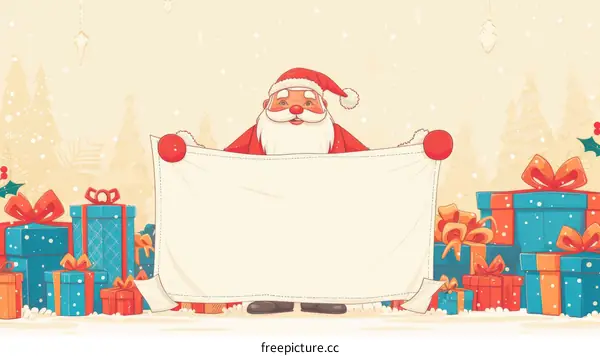 Santa Claus holding a blank banner with a snowy forest background