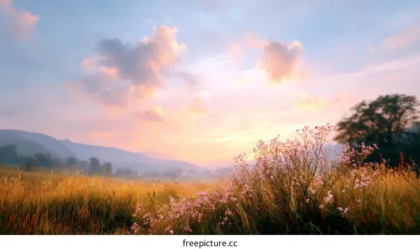 Sunrise over a field of wildflowers