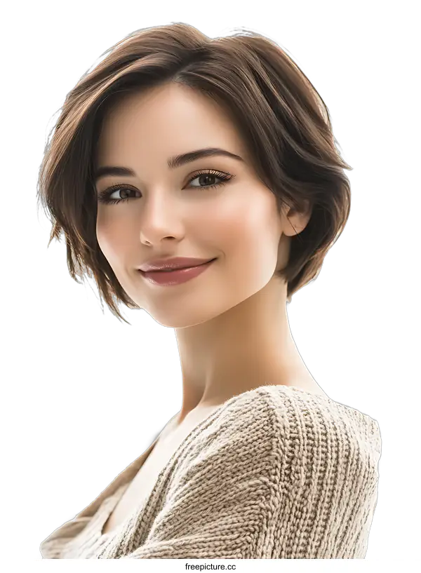 [Transparent Background PNG]Portrait of a Beautiful Woman with Short Brown Hair and a Warm Smile