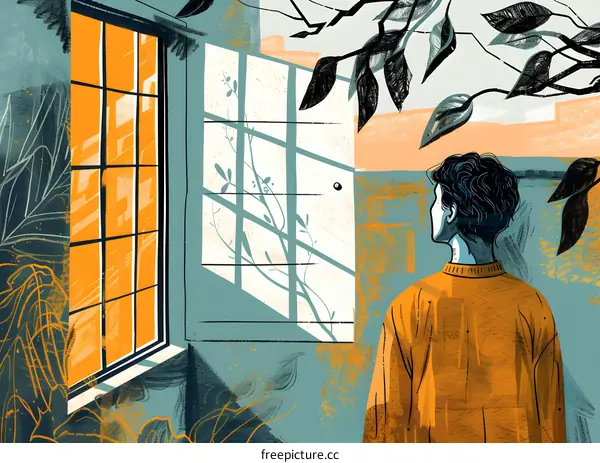 Man Looking Out Window at Sunny Day