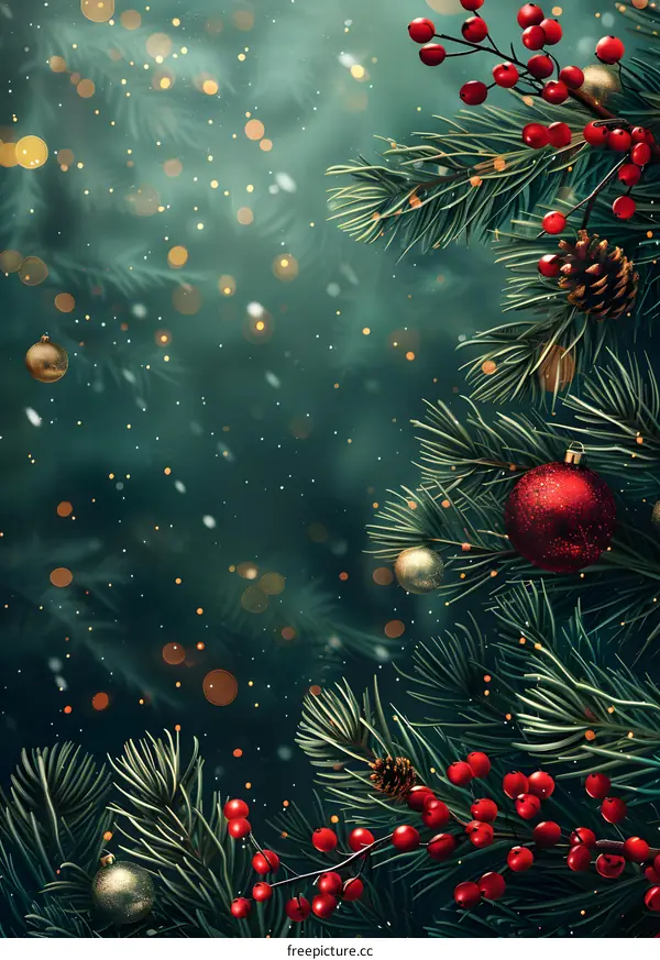 Christmas background with fir branches and red berries