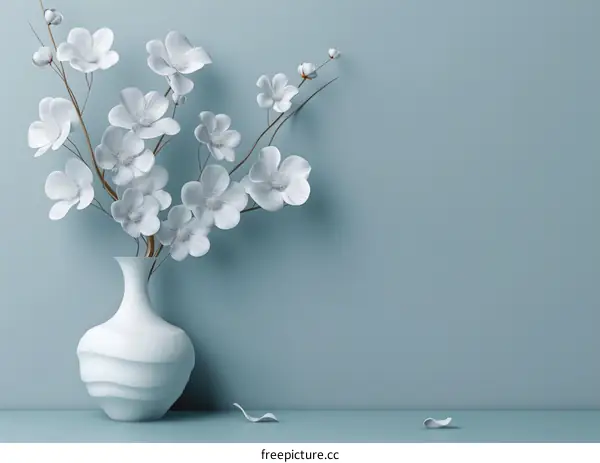 Elegant White Flowers in a Vase Against a Light Teal Background
