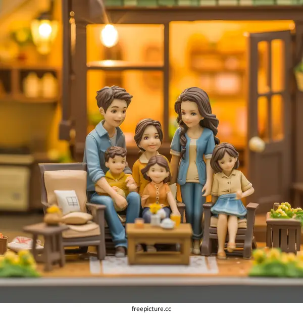 A happy family of five sitting in a living room