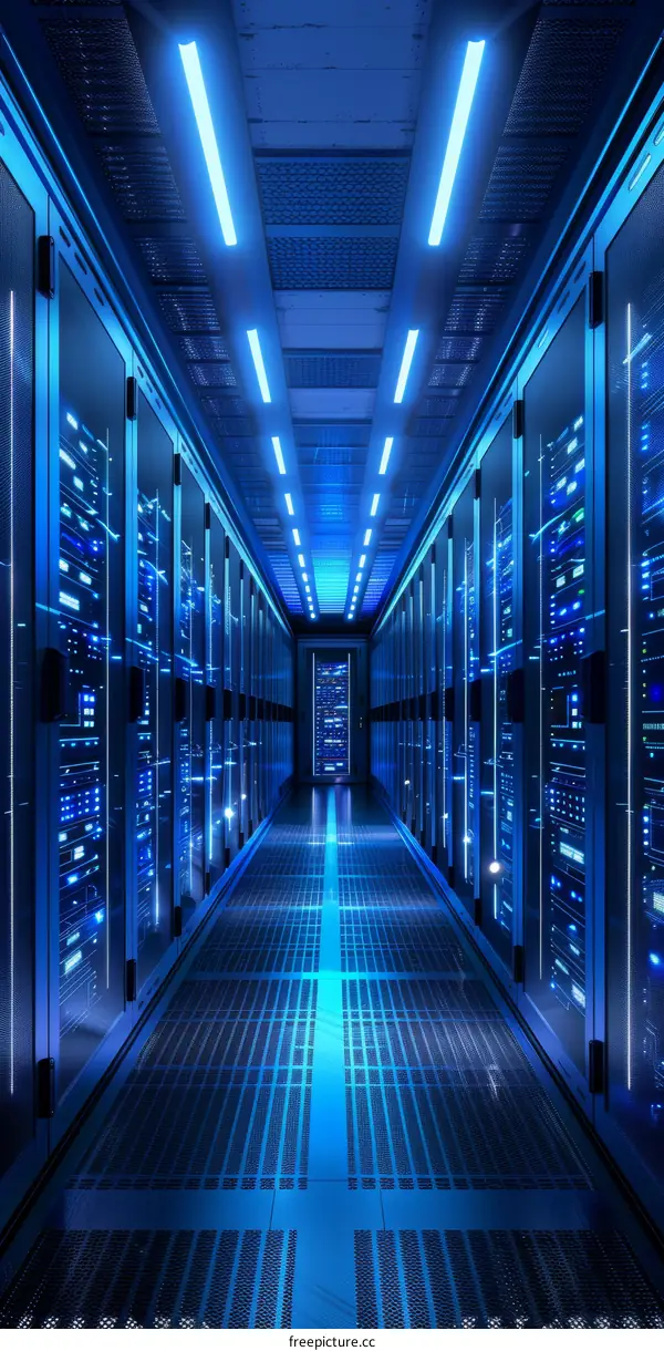 Blue server room with bright lights