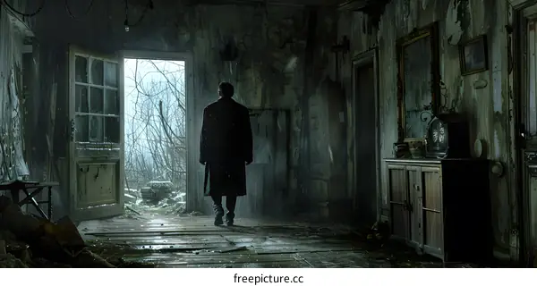 A man walking in a ruined house