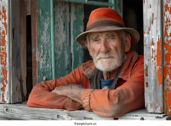 portrait of an old man in an orange hat
