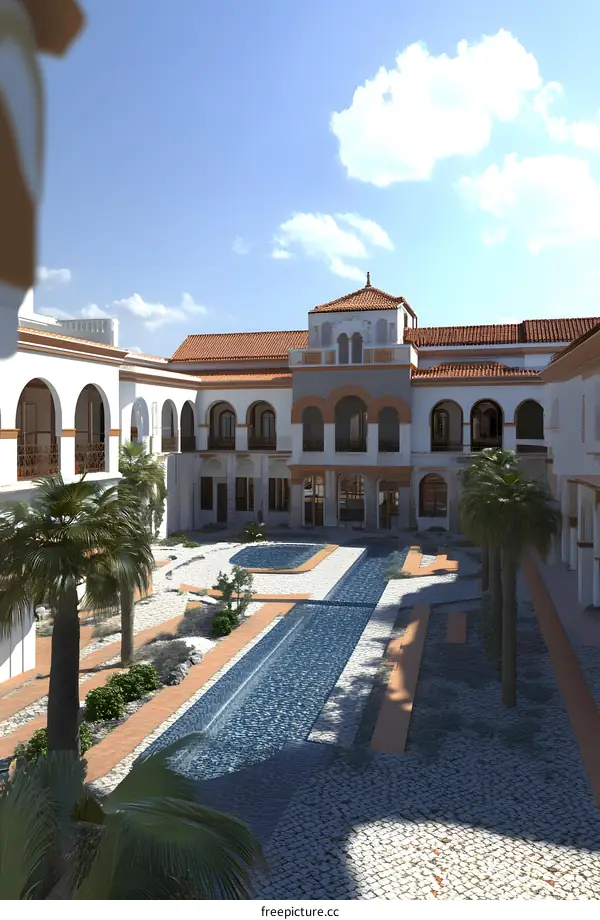 Architectural Design of a Spanish Courtyard with a Pool and Palm Trees
