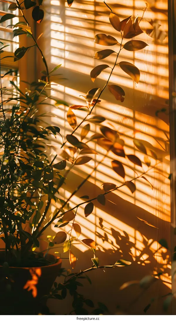 Sunbeams Through Window Blinds with Plant