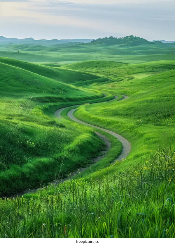 Curving Road Through A Verdant Grassland