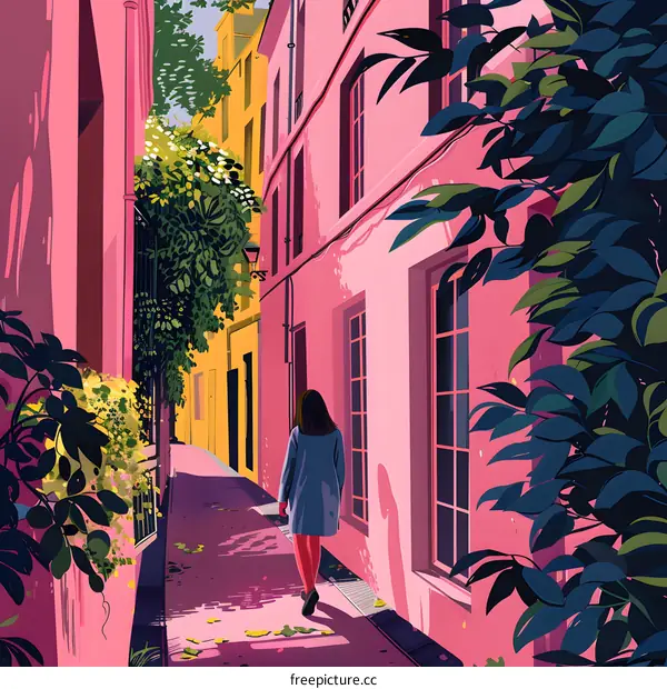 Woman Walking Through A Narrow Pink Alley