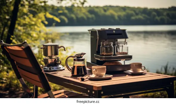 coffee maker and coffee pot on the table near the lake