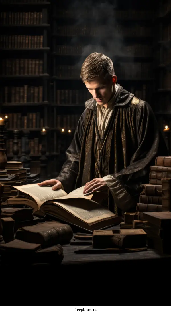 Young male student reading a book in a library
