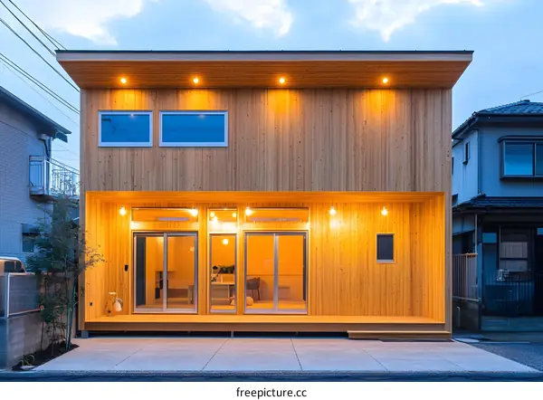 Modern Wooden House with Large Windows and Porch