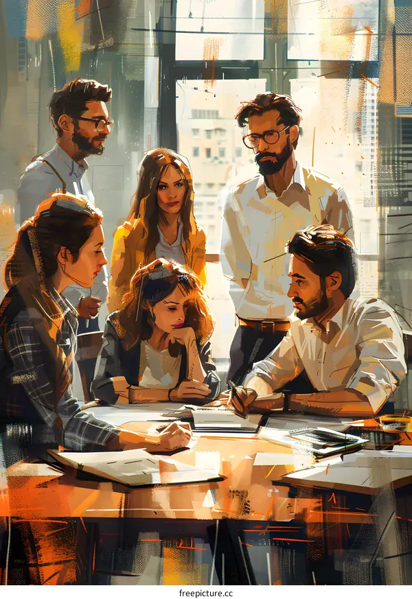 A group of people are sitting around a table having a meeting.