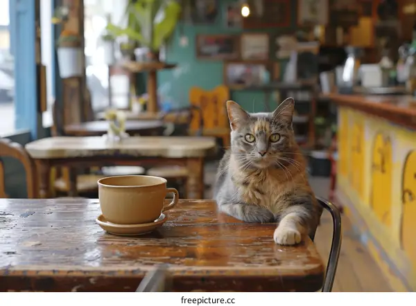 A ginger cat sits on a table in a cafe