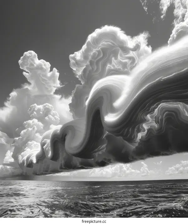 Black and white photo of a huge storm cloud over the ocean