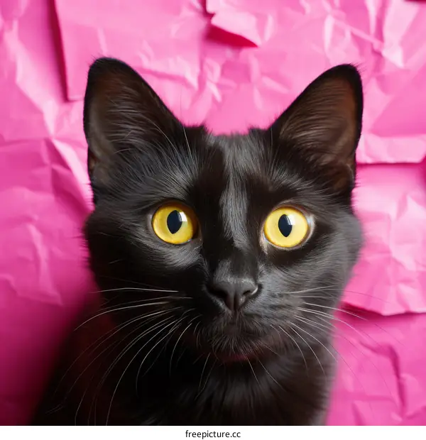 A black cat with yellow eyes is looking at the camera