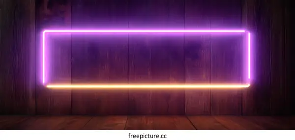 Neon Light Rectangle Frame on Wooden Background