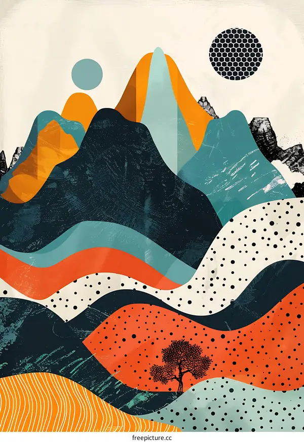 Abstract Art Landscape with Mountains and Tree