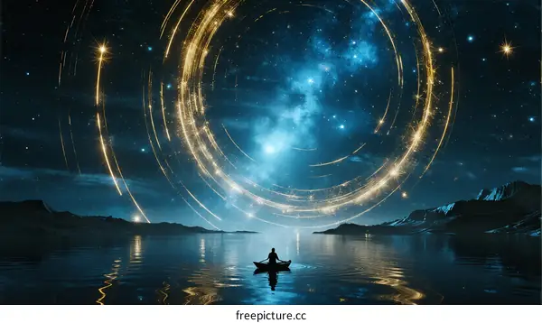 Mysterious Night Sky with Glowing Rings Over Calm Lake