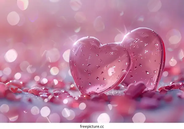 Two pink glass hearts with water drops on a pink sparkly background