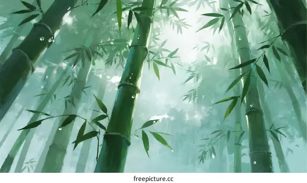 Misty Green Bamboo Forest with Tall Stems and Leaves