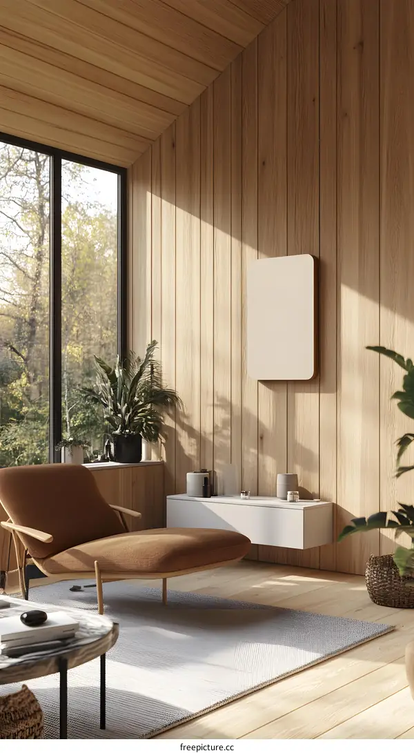 Modern Living Room Interior Design With Wooden Wall and Large Window