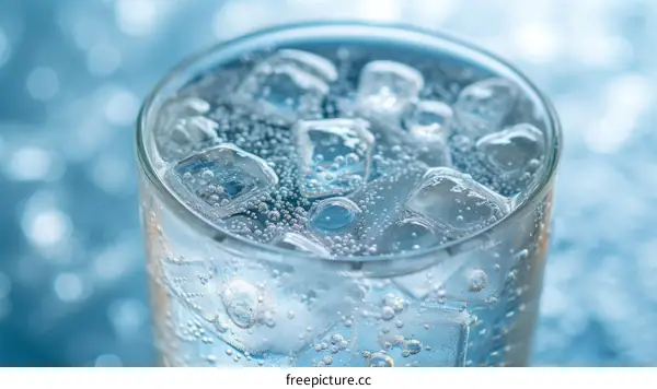 A close-up image of a glass of sparkling water with ice cubes.