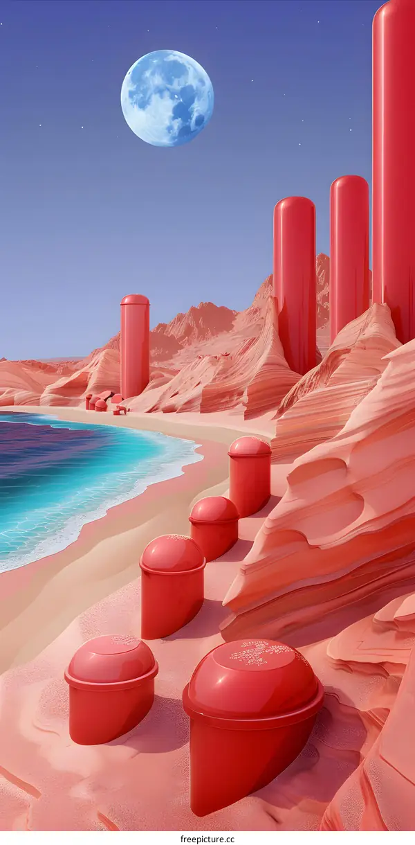 Red Cylinders on a Pink Sandy Beach with a Blue Moon in the Sky