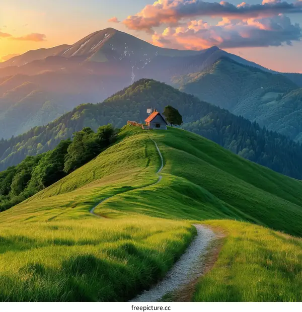 Small house on a hill with a beautiful mountain landscape and sunset sky