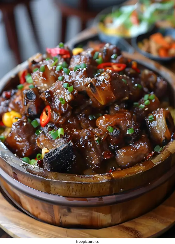 Close Up of Braised Pork Ribs in a Wooden Bowl