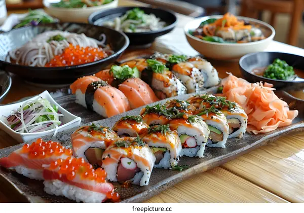 Sushi platter with various types of sushi rolls