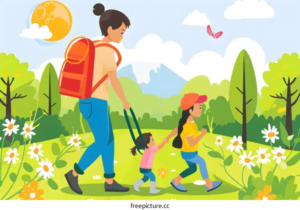 Happy Family Hiking in the Spring