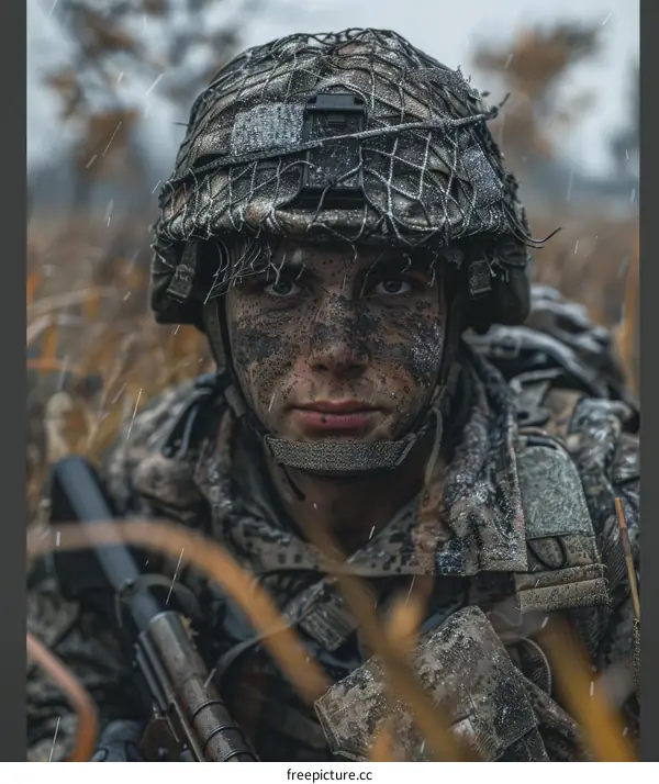 Portrait of a soldier wearing a ghillie suit and face paint