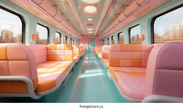 A pink and blue pastel train interior with large windows